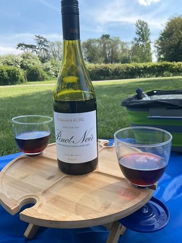 Bamboo folding chip n dip platter w/wine glass holders