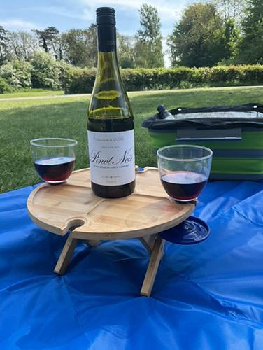 Bamboo folding chip n dip platter w/wine glass holders