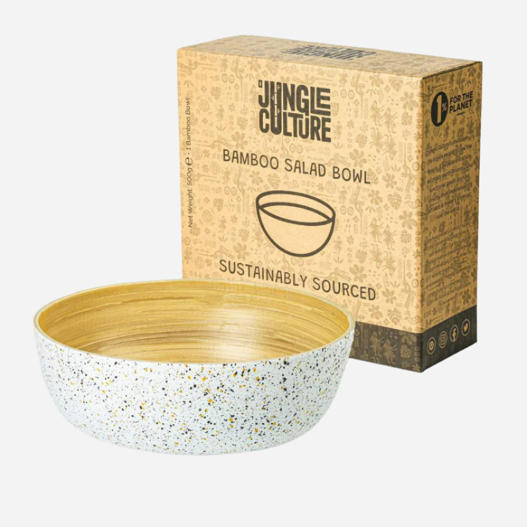 bamboo salad bowl sustainably sourced white with fine paint spots on the outside.