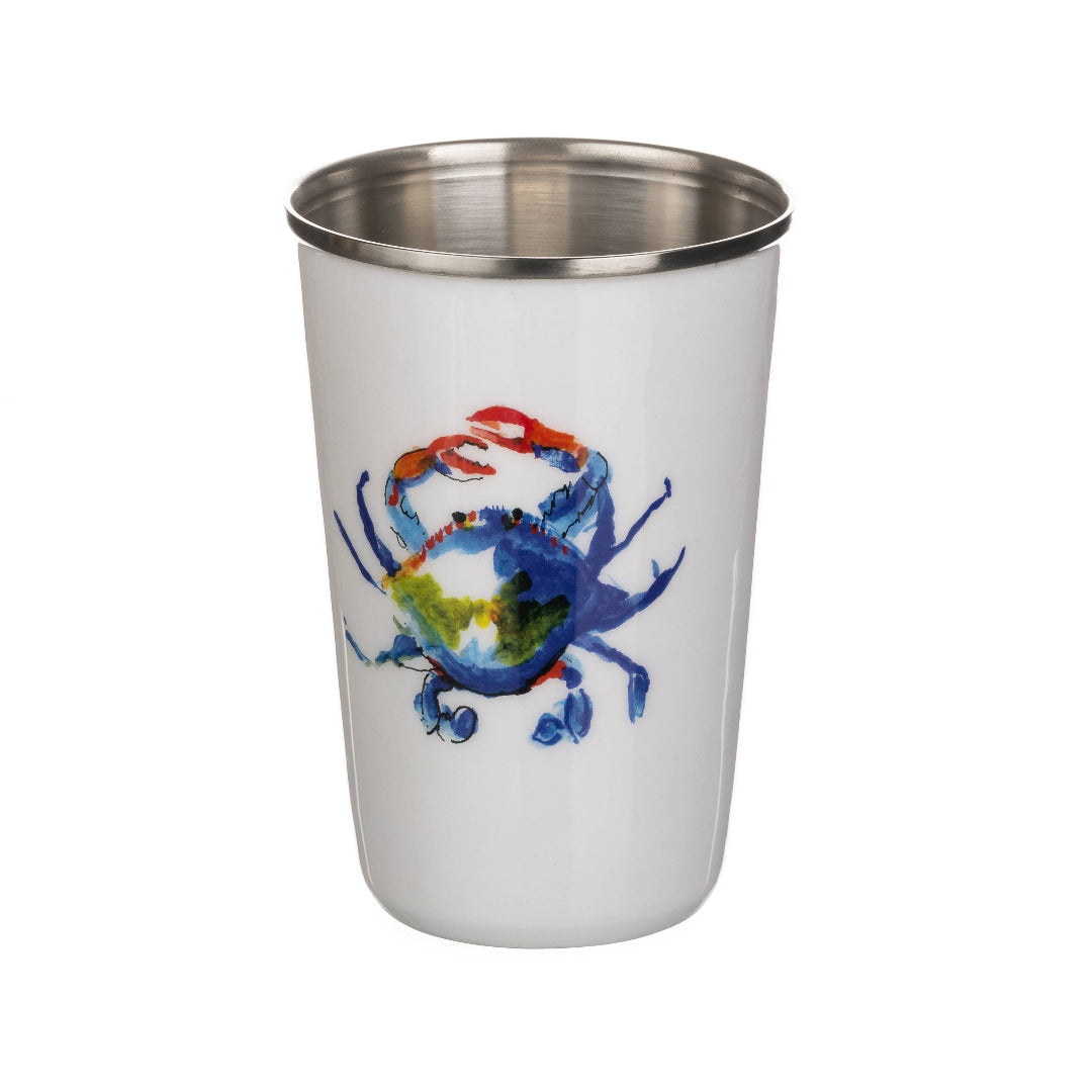 Stainless steel tumbler with a colorful crab design on a white background