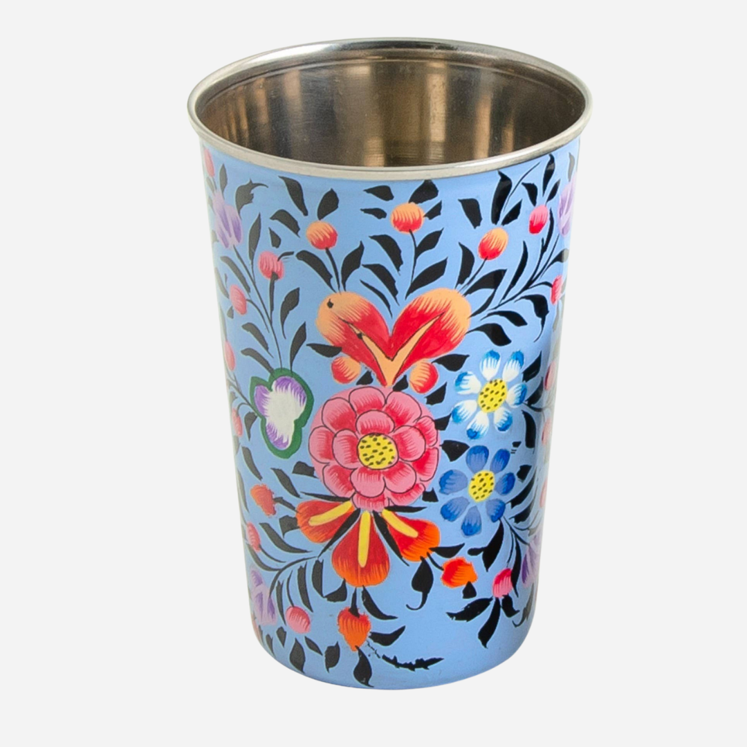 light blue hand painted enamel large tumbler with vibrant pink-orange, blue-yellow, green-purple flowers
