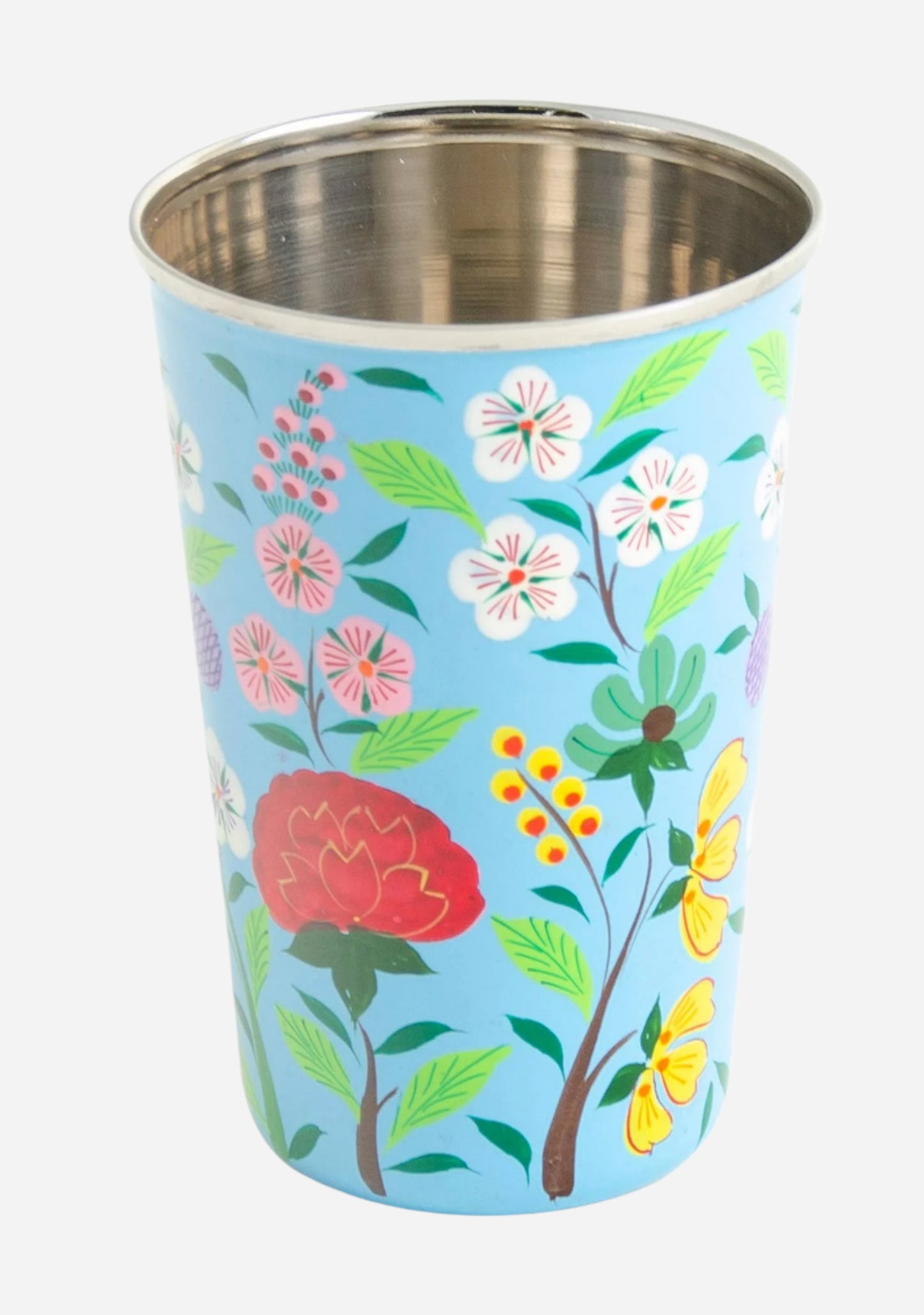 light blue hand painted enamel wine tumbler, with white, pink, yellow and red flowers.