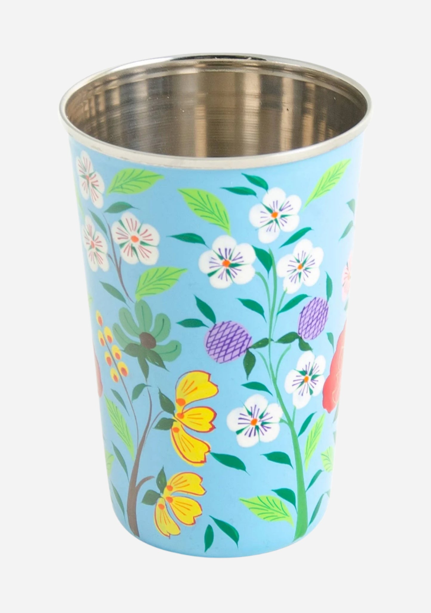 light blue hand painted enamel wine tumbler, with white, pink, yellow and red flowers.