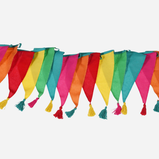 string of multicoloured bunting with tassles
