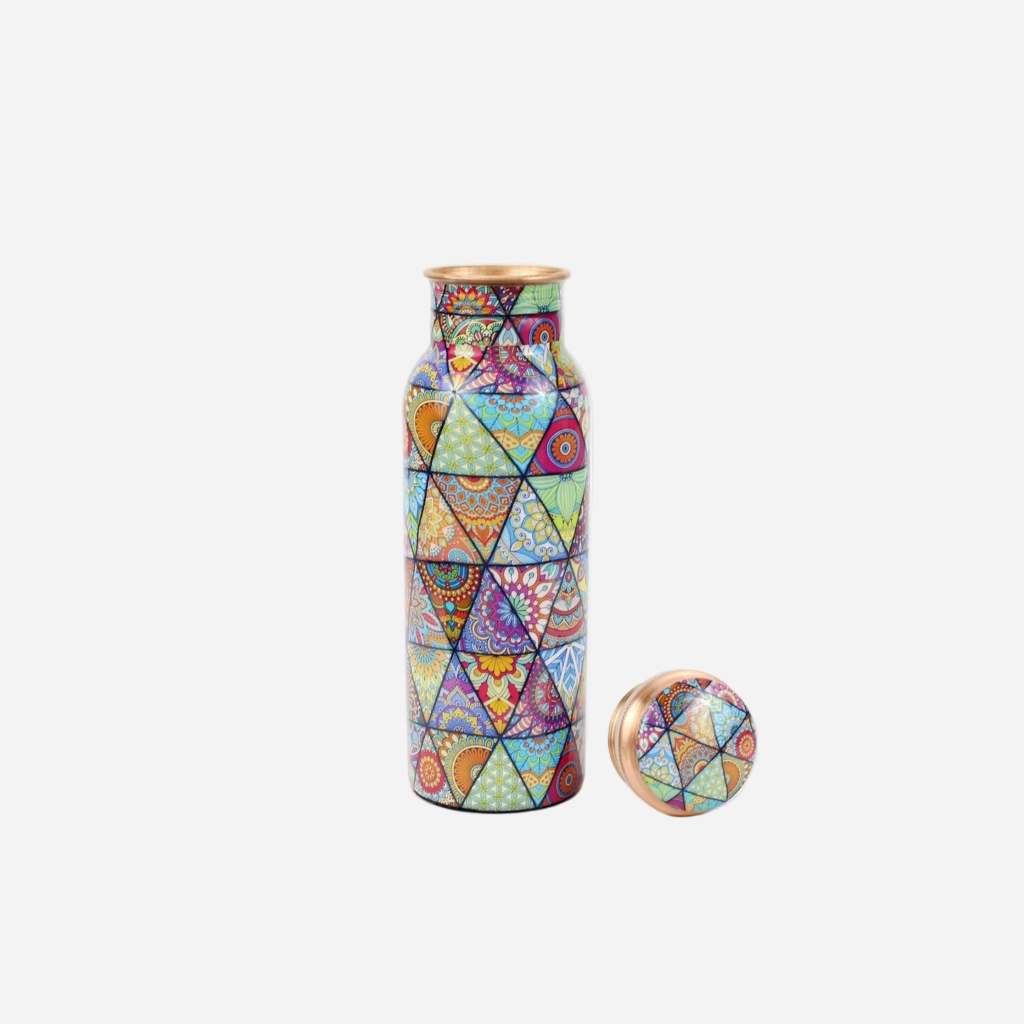 Colorful geometric-patterned copper water bottle with cap on a white background