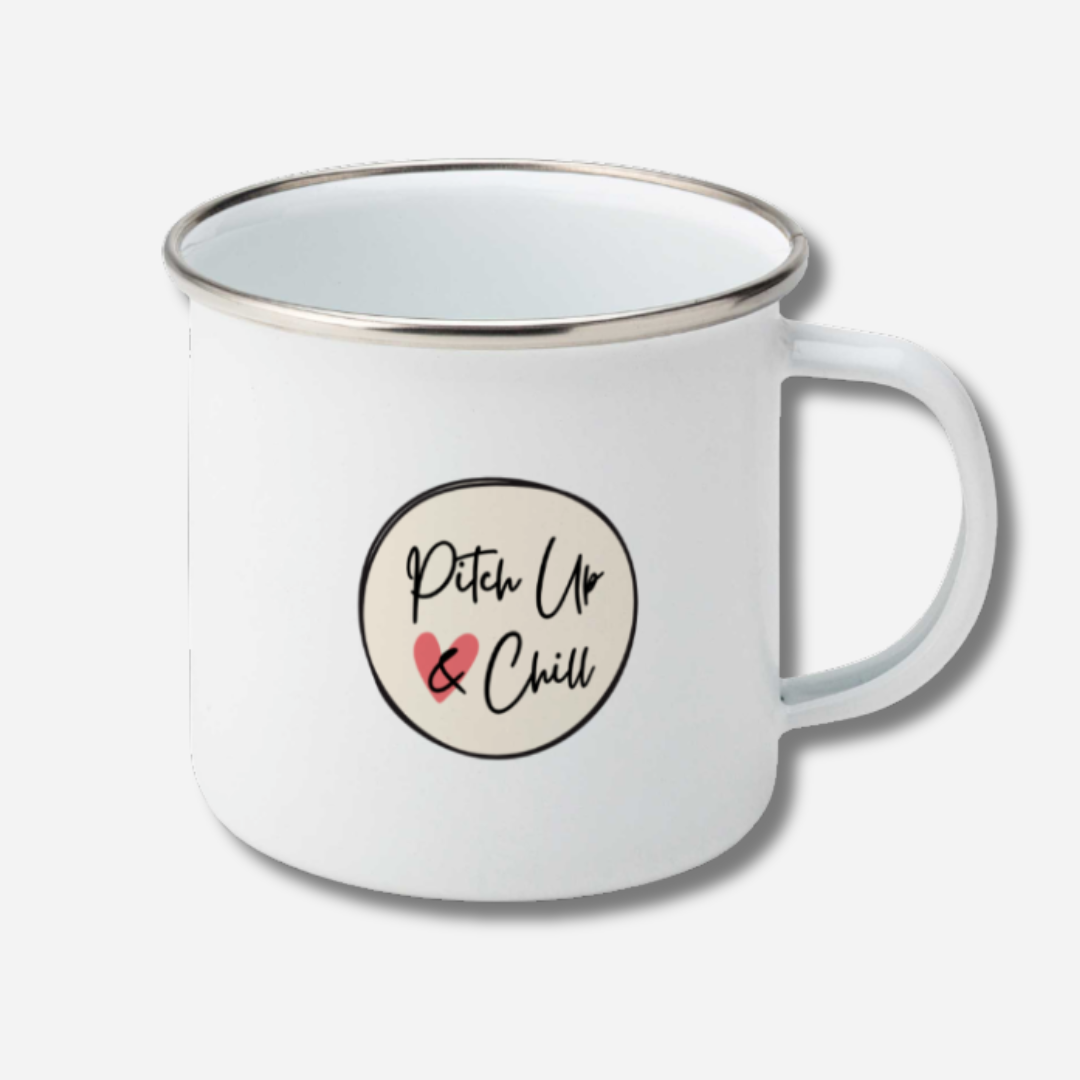 White mug with 'Pitch Up & Chill' text and heart design on a white background