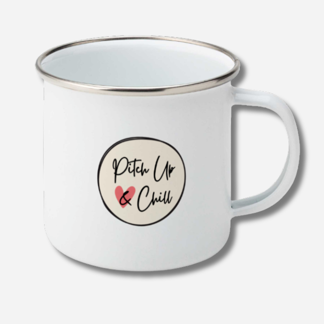 White mug with 'Pitch Up & Chill' design on a light gray background