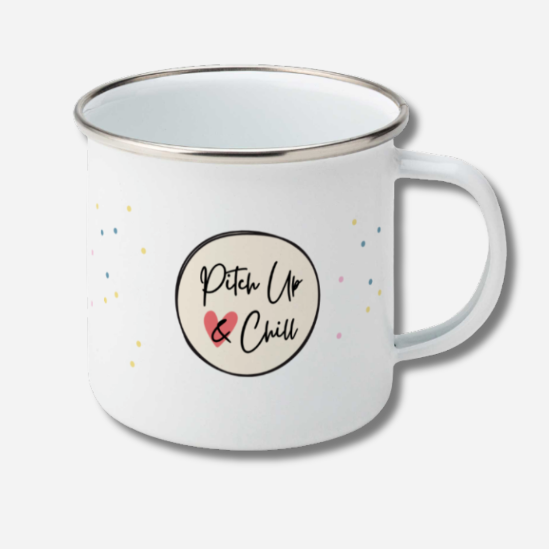 White mug with 'Pitch Up & Chill' text and heart design on small polka dots on a light gray background