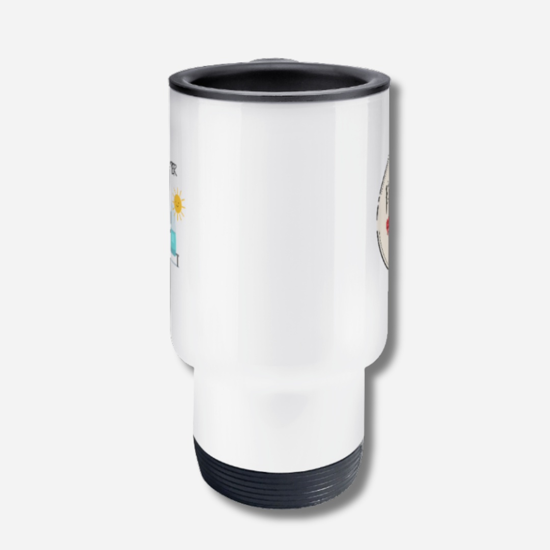 white stainless steel travel mug side view
