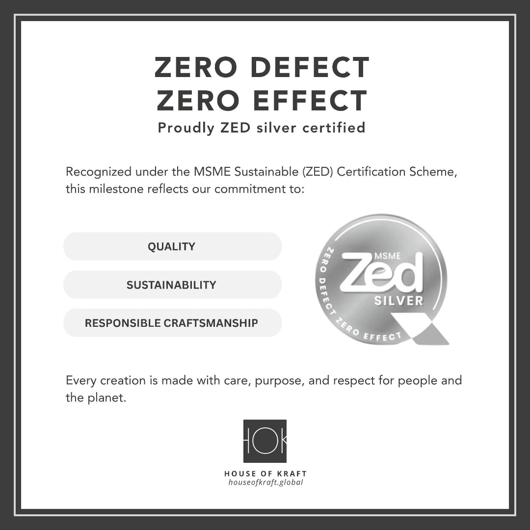 Zero Defect Zero Effect certification badge with ZED Silver logo and House of Kraft branding.