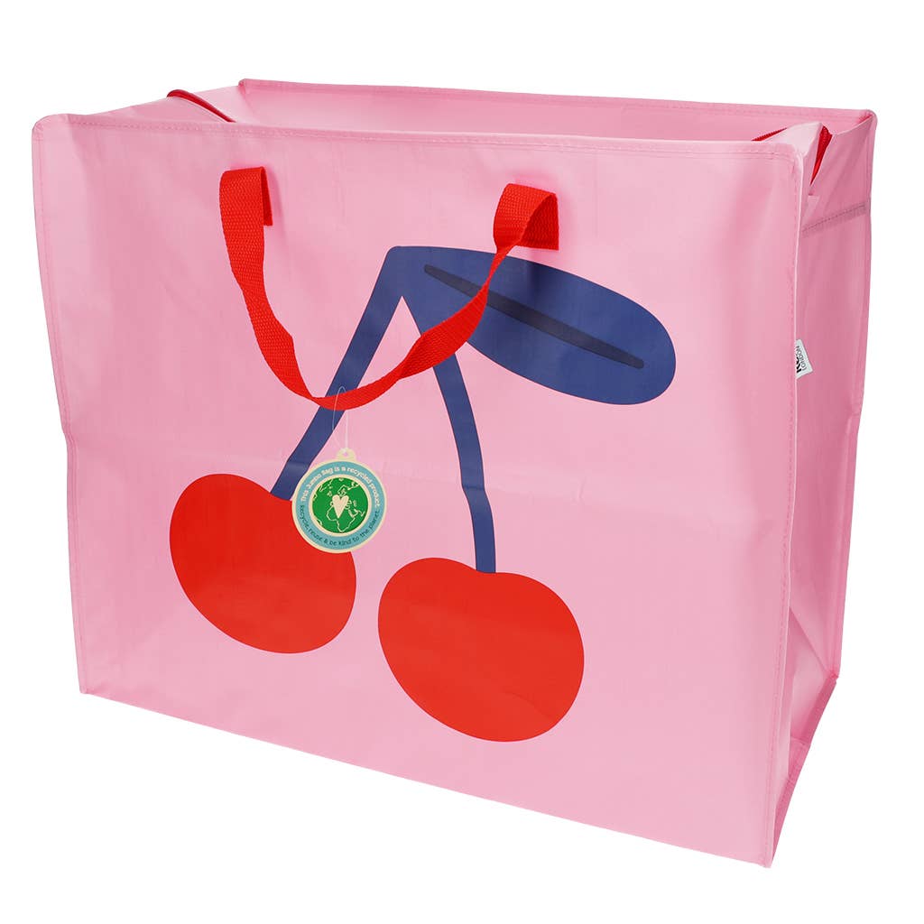 Pink storage bag with red cherries and a blue stem on a white background