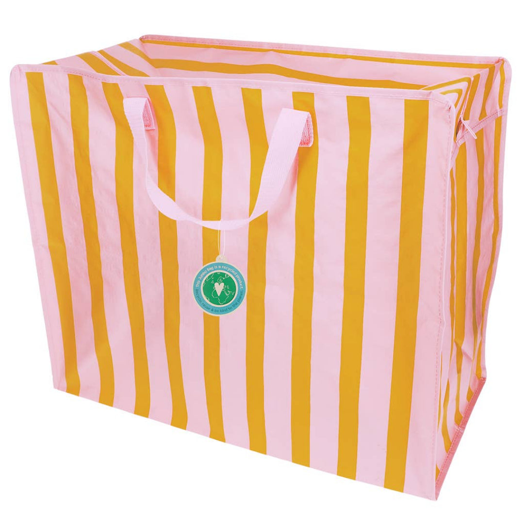 Striped pink and orabgestorage bag with a green tag on a white background