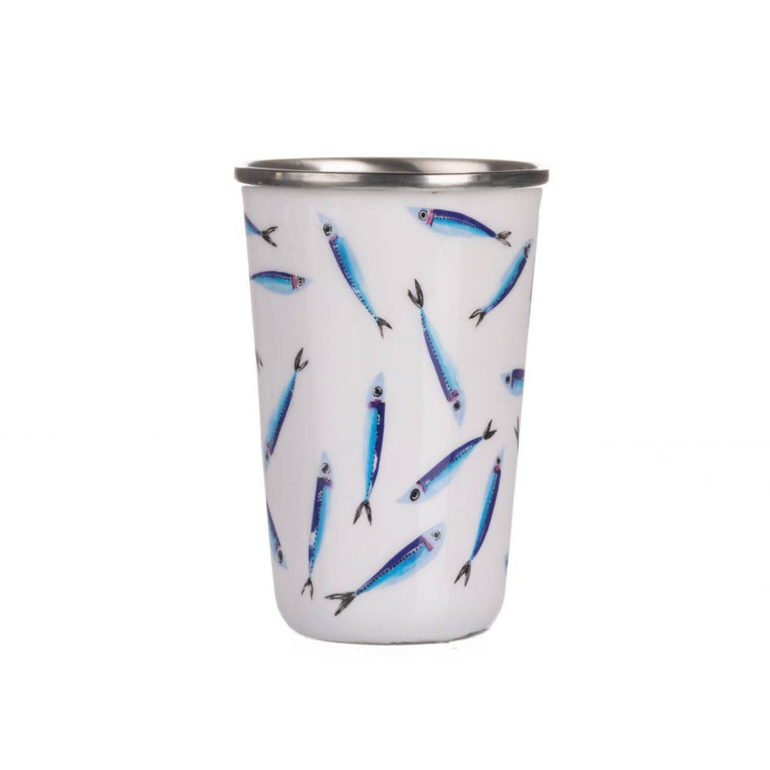 White stainless steel tumbler with blue sardine pattern on a white background.