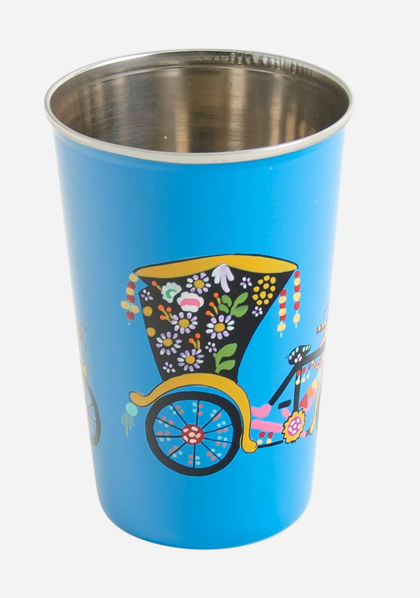 Blue tumbler with a colorful rickshaw design on a white background