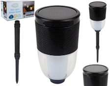 Outer carton, speakr, ground spike and close-up solar panel.