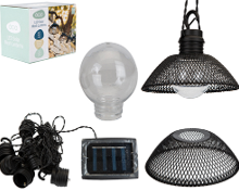 A set of solar powered mesh lantern string lights with black cable, including a solar panel, black mesh covers, and clear globe lights.