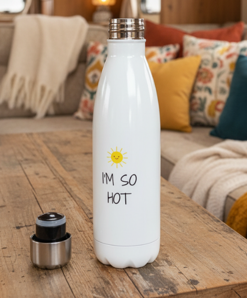 White stainless steel hot cold 500ml water bottle with small smiley sunshine face in the centre. Text below reads "I'm so hot"