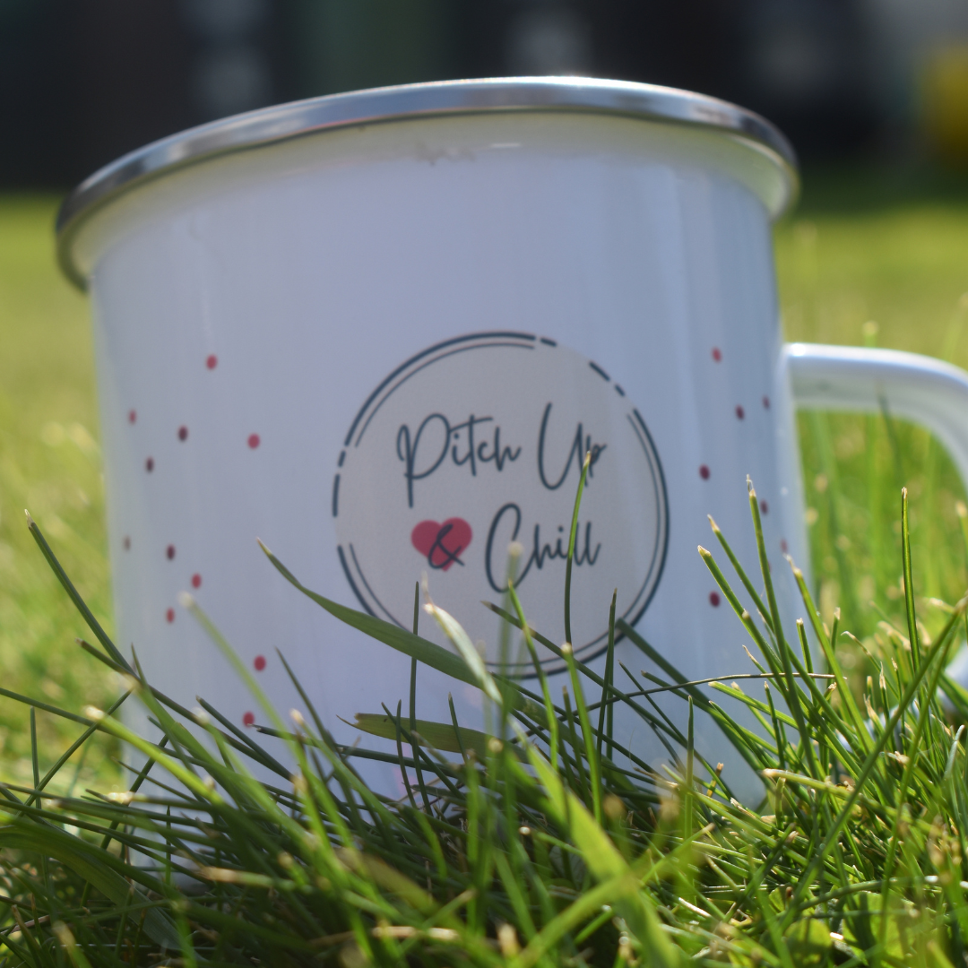 white enamel camping mug with pitch up and chill logo