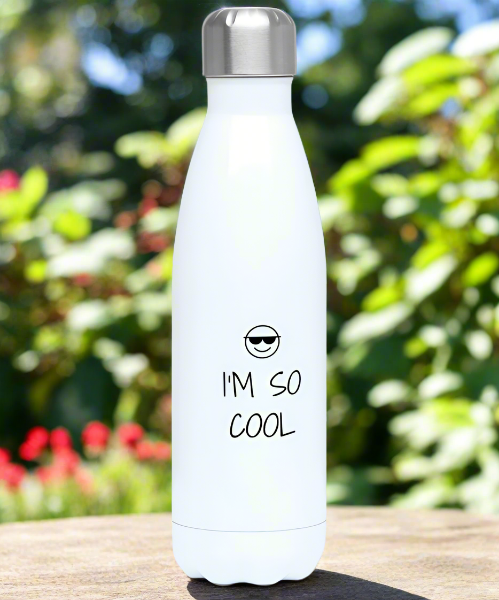 A white stainless steel water bottle with text 'IM SO COOL' printed on it, having a silver cap.