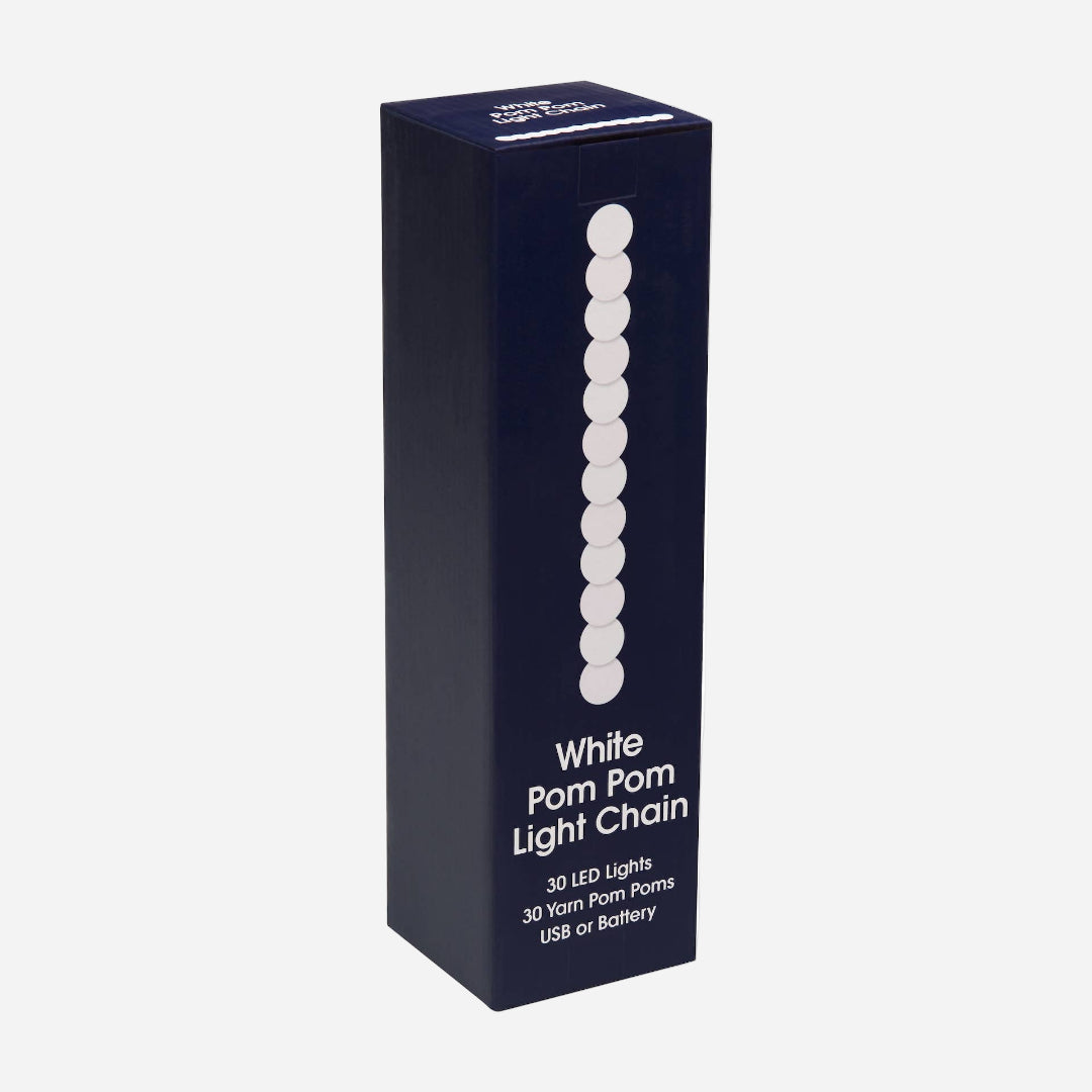 Box of White Pom Pom Light Chain on a white background