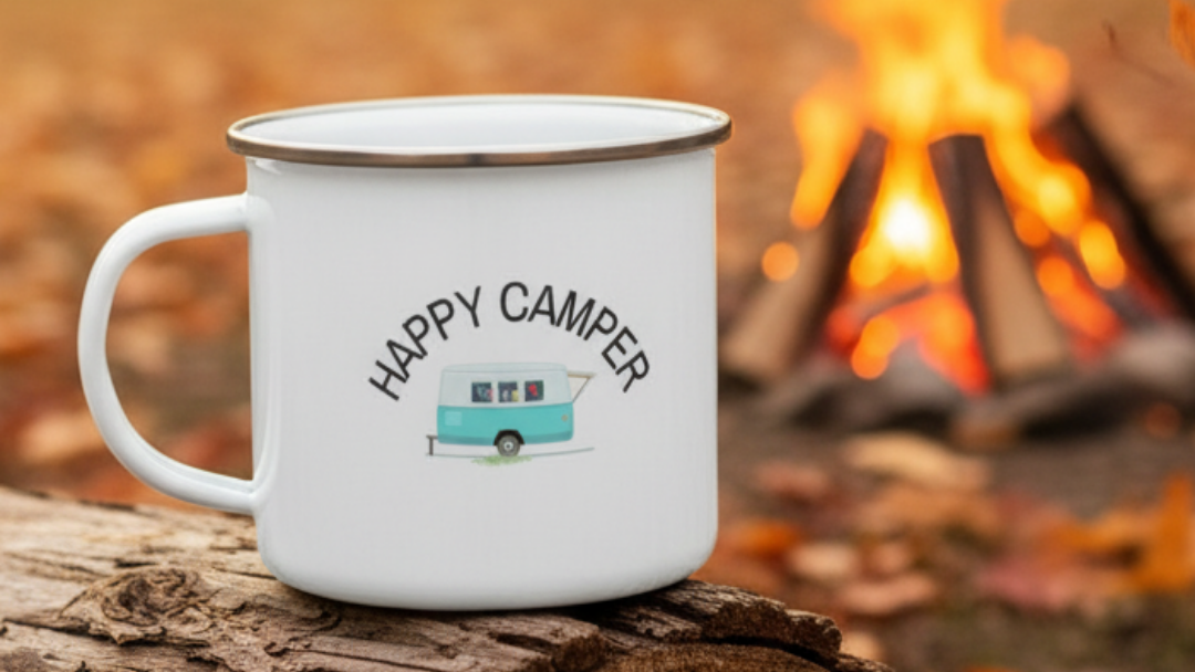 "happy camper" white camping mug on a campfire background.