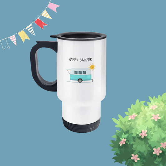 Large white travel mug with blue camper design and the words "Happy Camper"