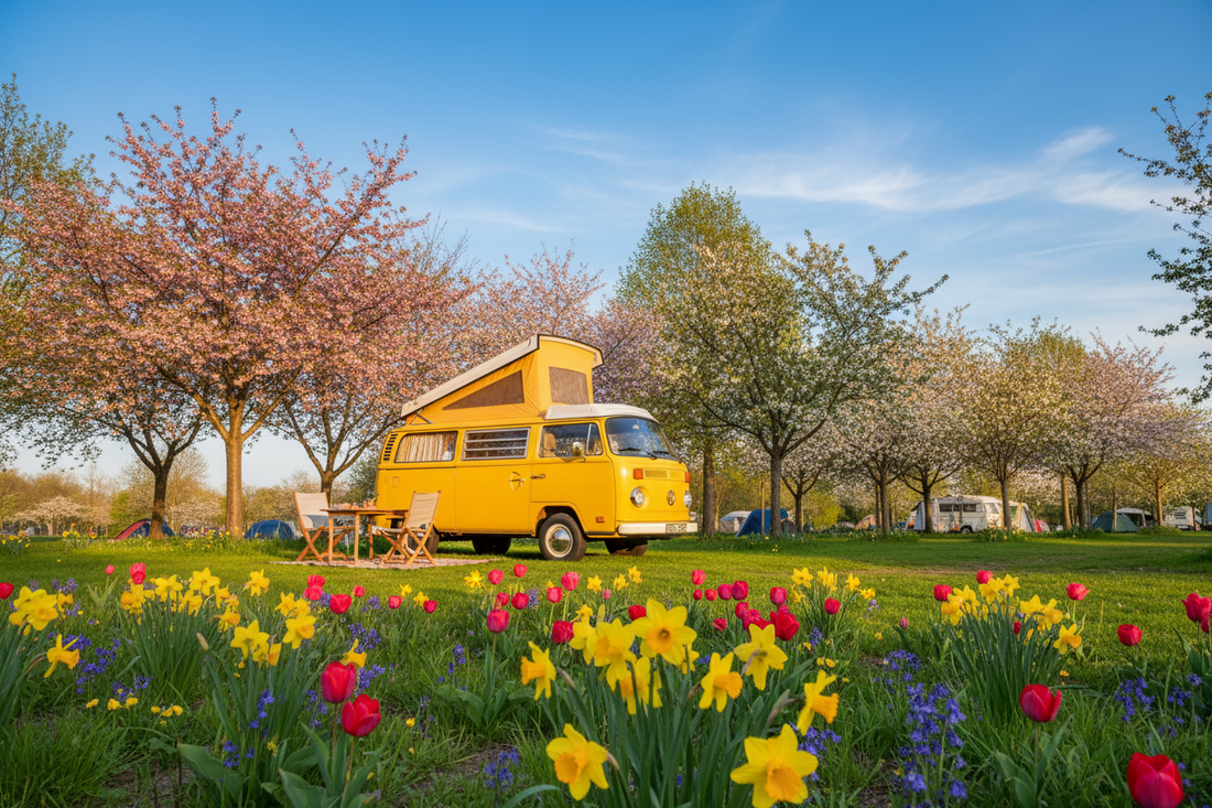 A yellow pop-top campervan on green campsite in Spring