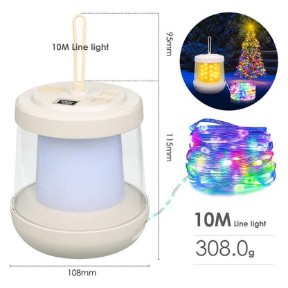 Portable light with LED string lights, dimensions, and weight displayed.