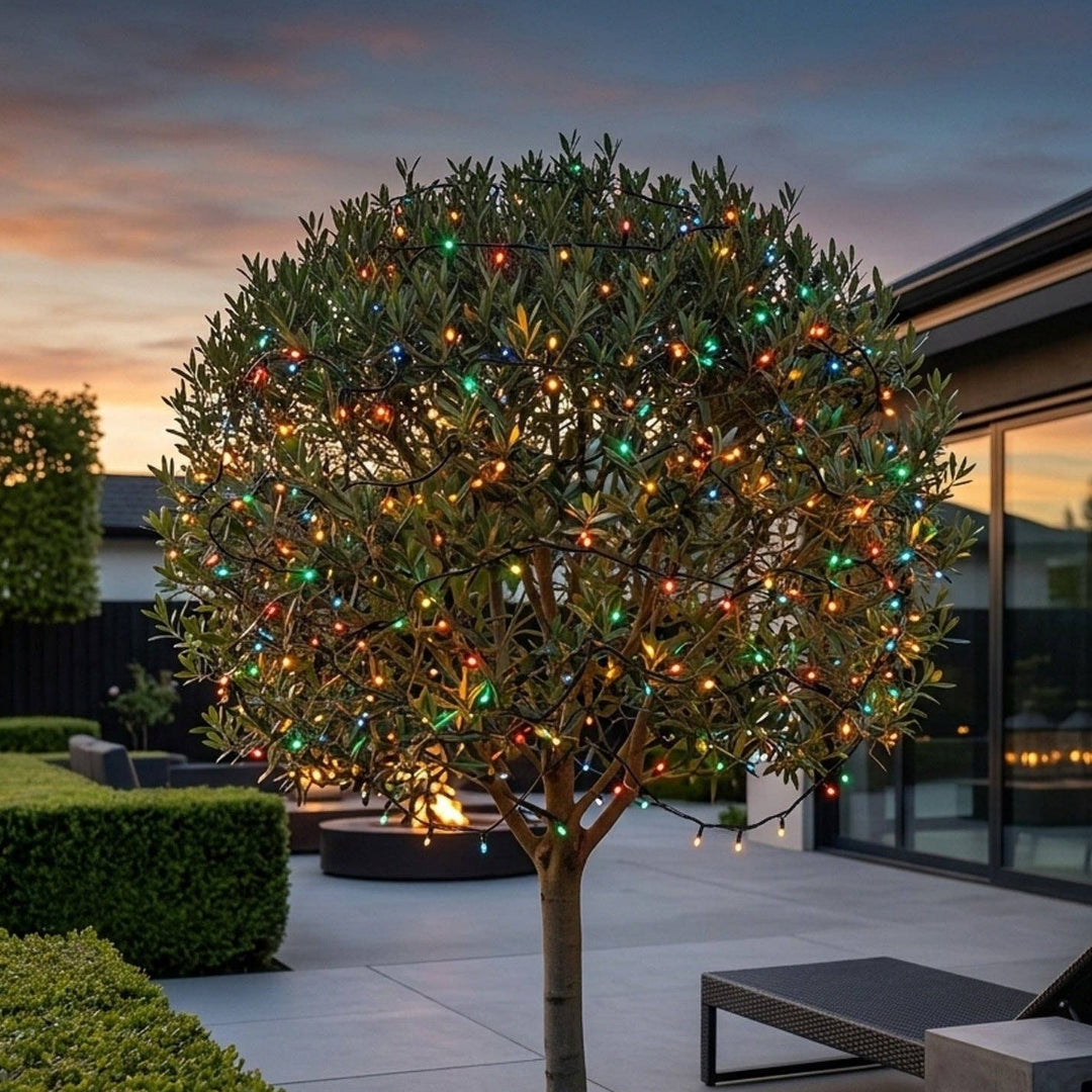 Decorative tree with colorful lights in a garden setting with chairs and a building in the background.