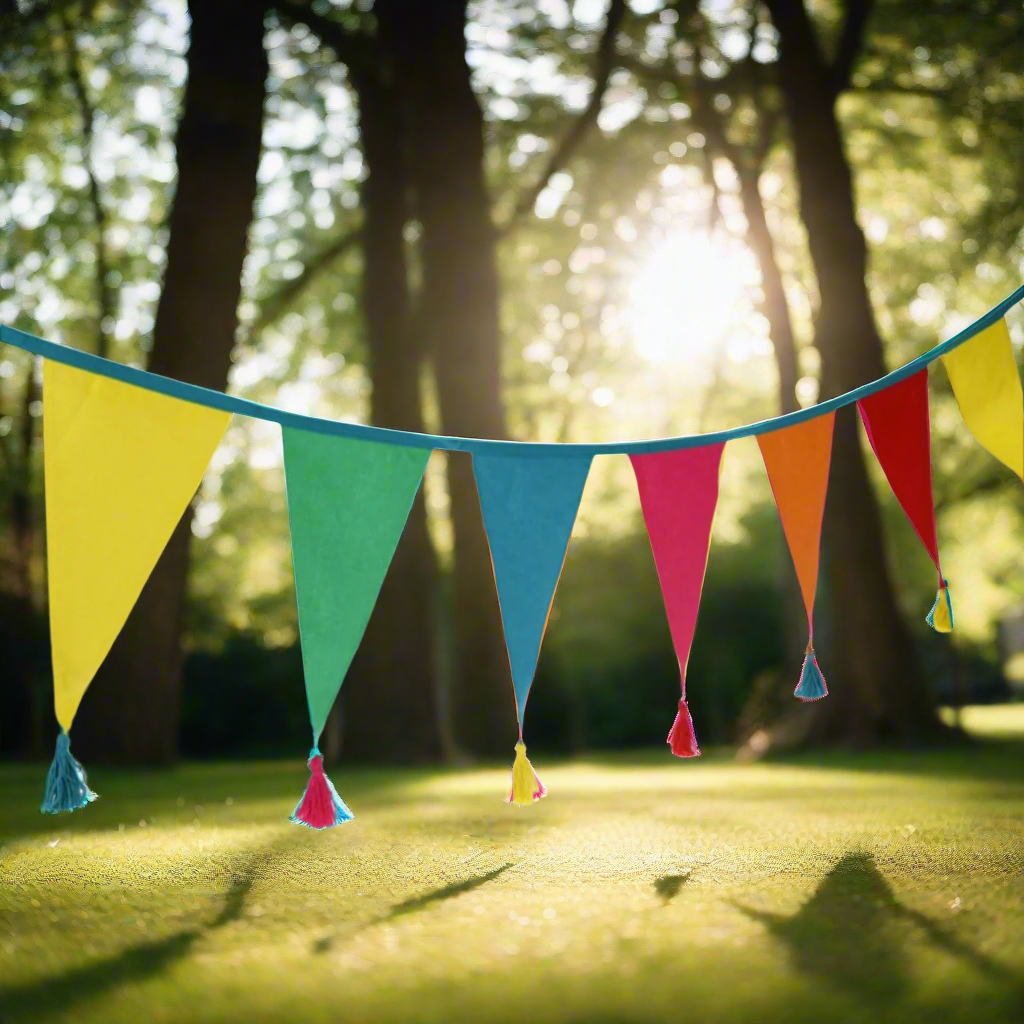 multicoloured bunting flags 100% cotton triangular flags with tassles. Forest background with sun peaking through.
