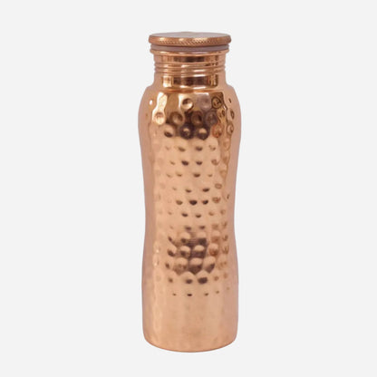 Copper water bottle with textured design on a light grey background