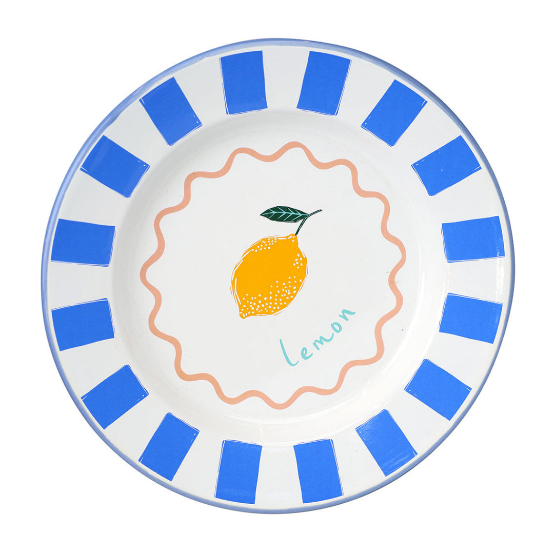 Decorative plate with a lemon illustration and blue stripes on a white background