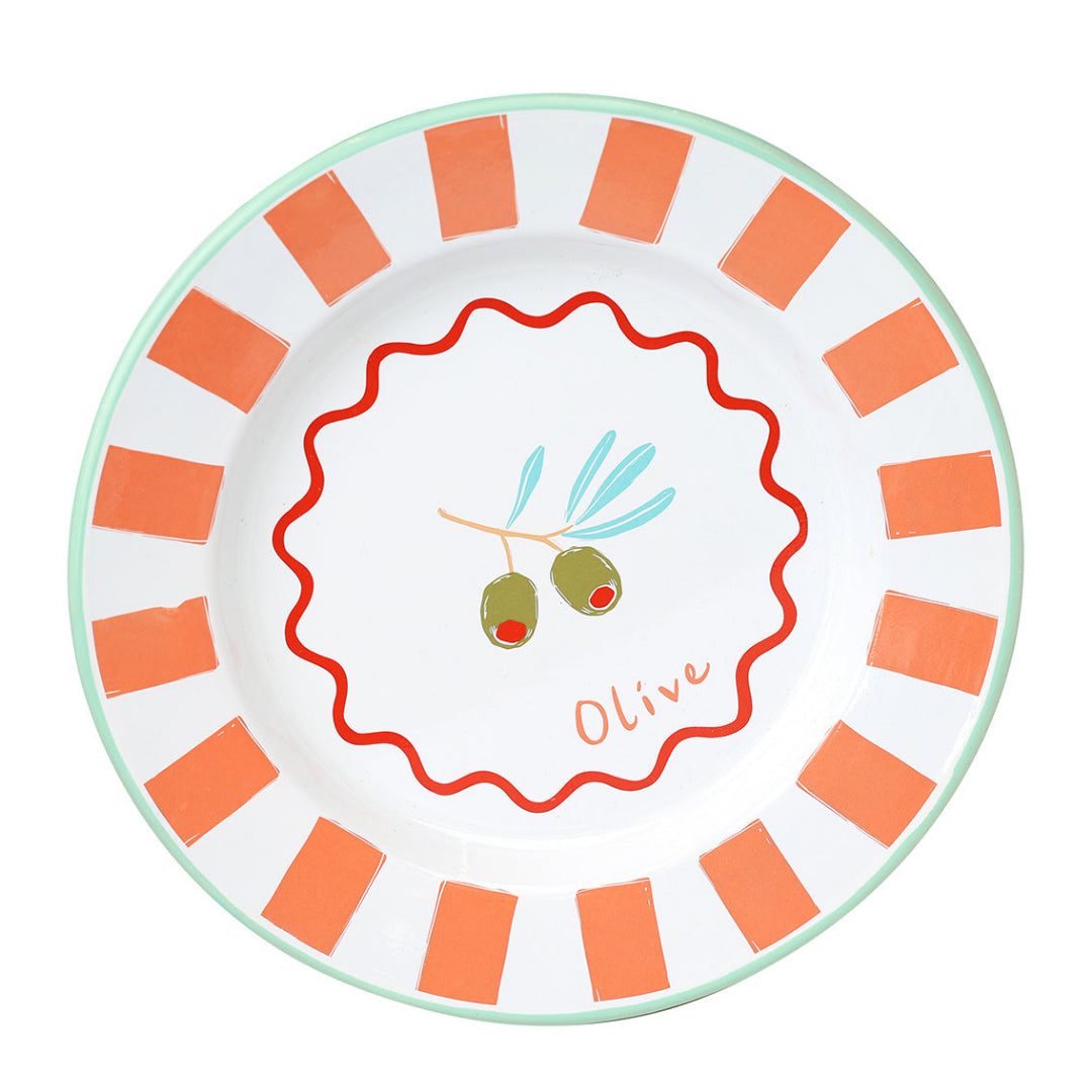 Decorative plate with olive design and striped border on a white background