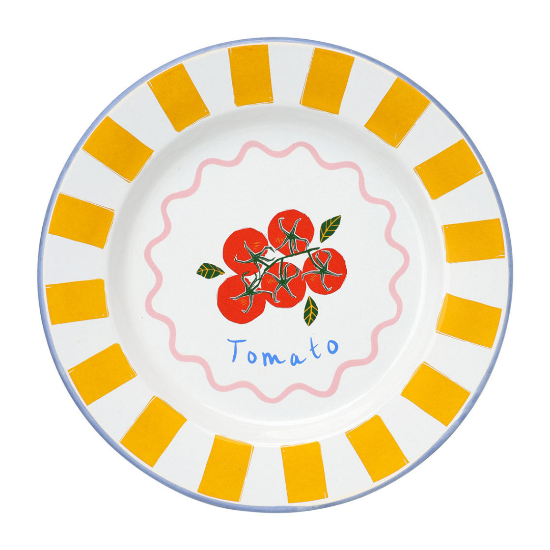 Decorative plate with tomato design and yellow stripes on a white background