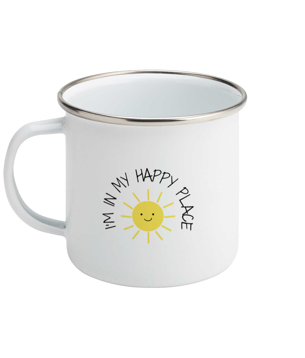 White enamel camping mug with smiling yellow sunshine and text "I'm in my happy place"