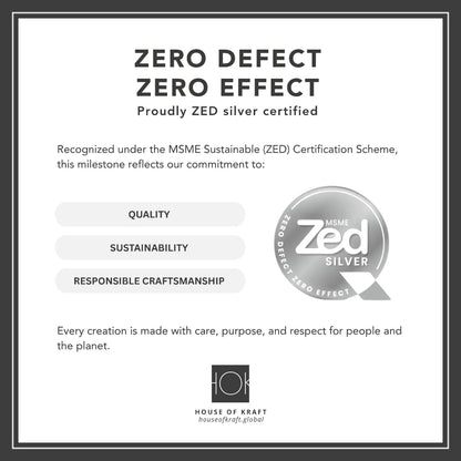 Zero Defect Zero Effect certification badge with ZED Silver logo and House of Kraft branding.
