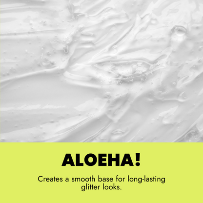 Text 'ALOEHA!' on a yellow background with a gray textured background