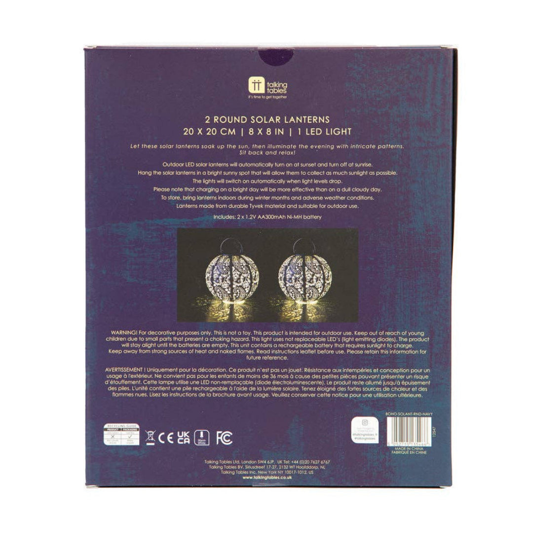 Back view of a packaging box for round solar lanterns with text and product images.