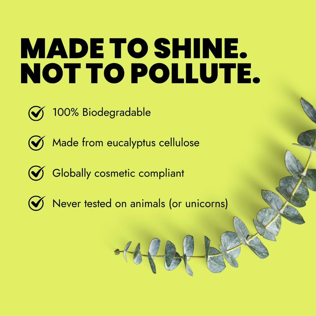 Green background with text about sustainability - 100% biodegradable, eucalyptus cellulose, globally cosmetic compliant, featuring a eucalyptus branch.