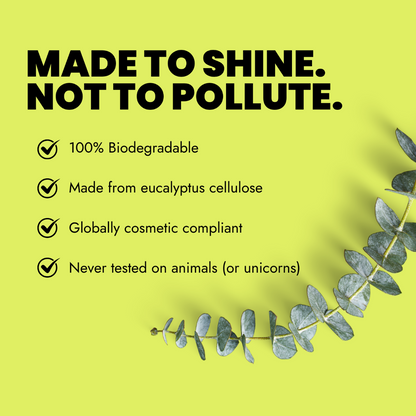 Green background with text about sustainability - 100% biodegradable, eucalyptus cellulose, globally cosmetic compliant, featuring a eucalyptus branch.