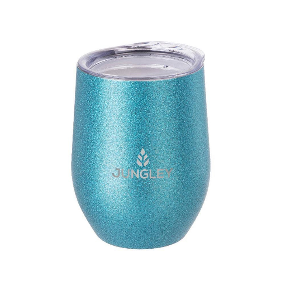 Blue glittery tumbler with 'Jungley' logo on a white background
