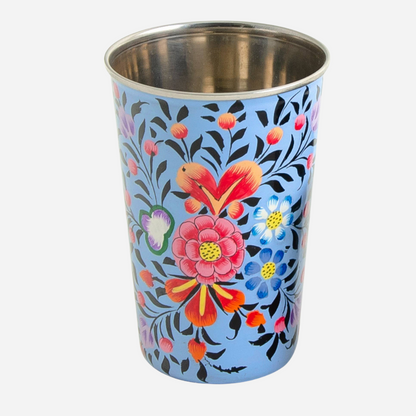 light blue hand painted enamel large tumbler with vibrant pink-orange, blue-yellow, green-purple flowers