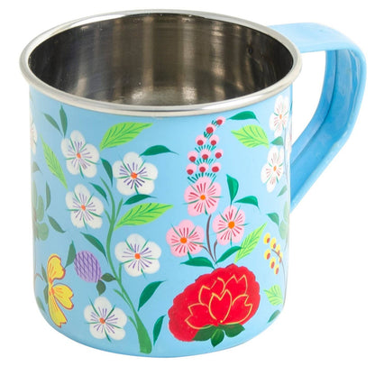 Floral-patterned mug with a blue handle on a white background