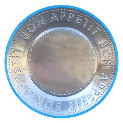 Metallic plate with blue trim and engraved text "Bon Appetit" on a white background