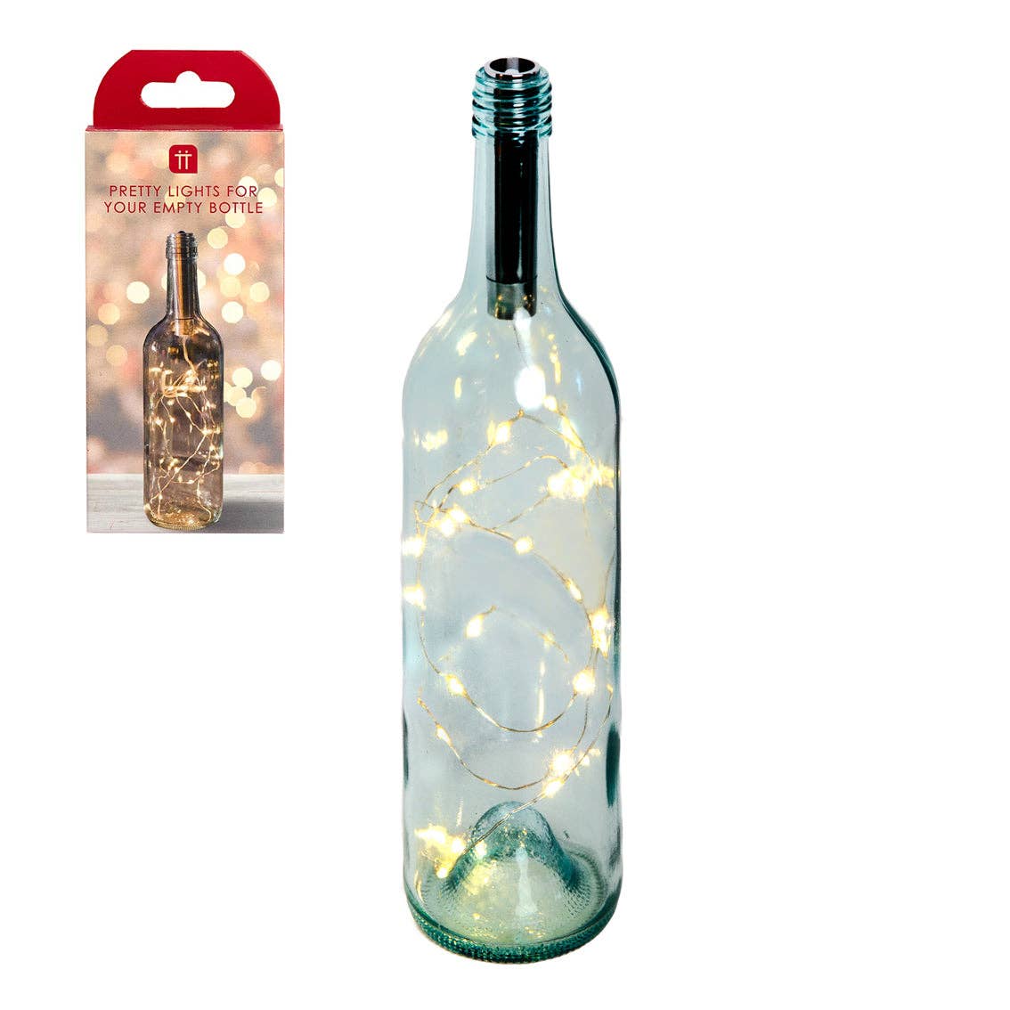 Decorative wine bottle with string lights and packaging on a white background