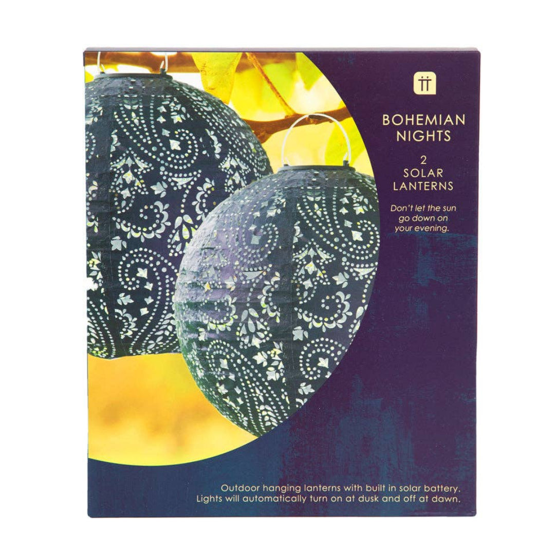 Box of Bohemian Nights solar lanterns with decorative design on a white background