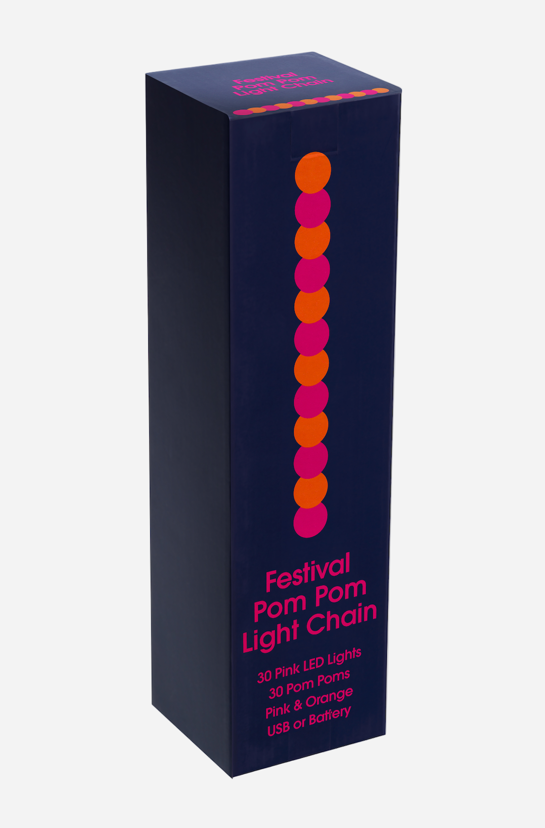 Box packaging of a Festival Pom Pom Light Chain with colorful design on a white background