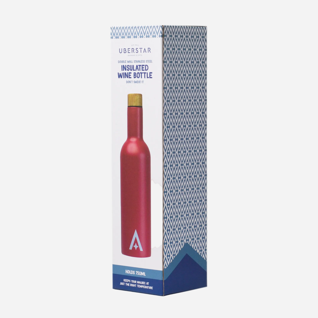 Insulated wine bottle packaging with Uberstar branding on a white background