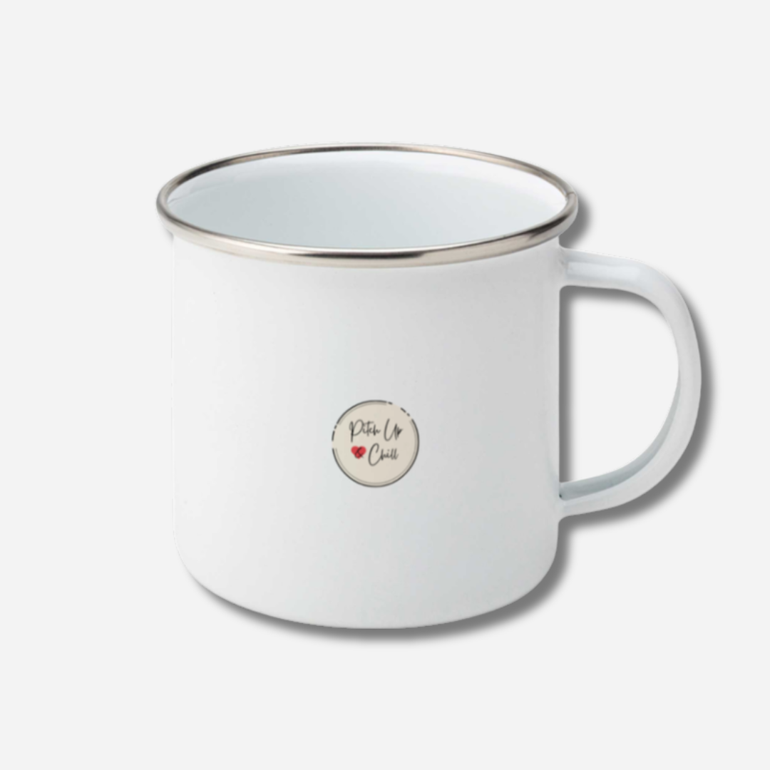 white enamel camping mug rearview with cream "Pitch Up And Chill" logo
