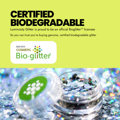 Biodegradable glitter container with 'Cosmetic Bio-glitter' logo on a green background and text "certified biodegradable"